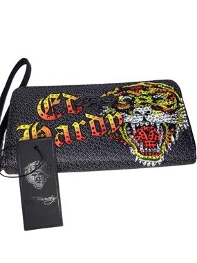 Ed Hardy Rhinestone Tiger Clutch Wristlet Wallet New